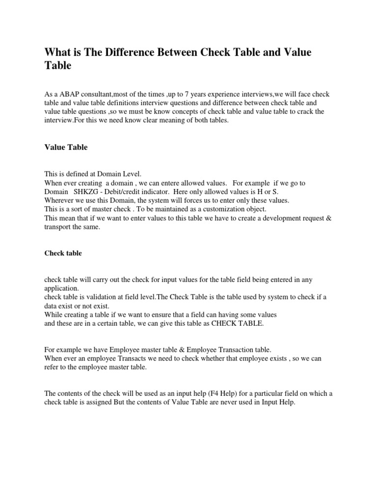 What Is The Difference Between Check Table and Value Table PDF