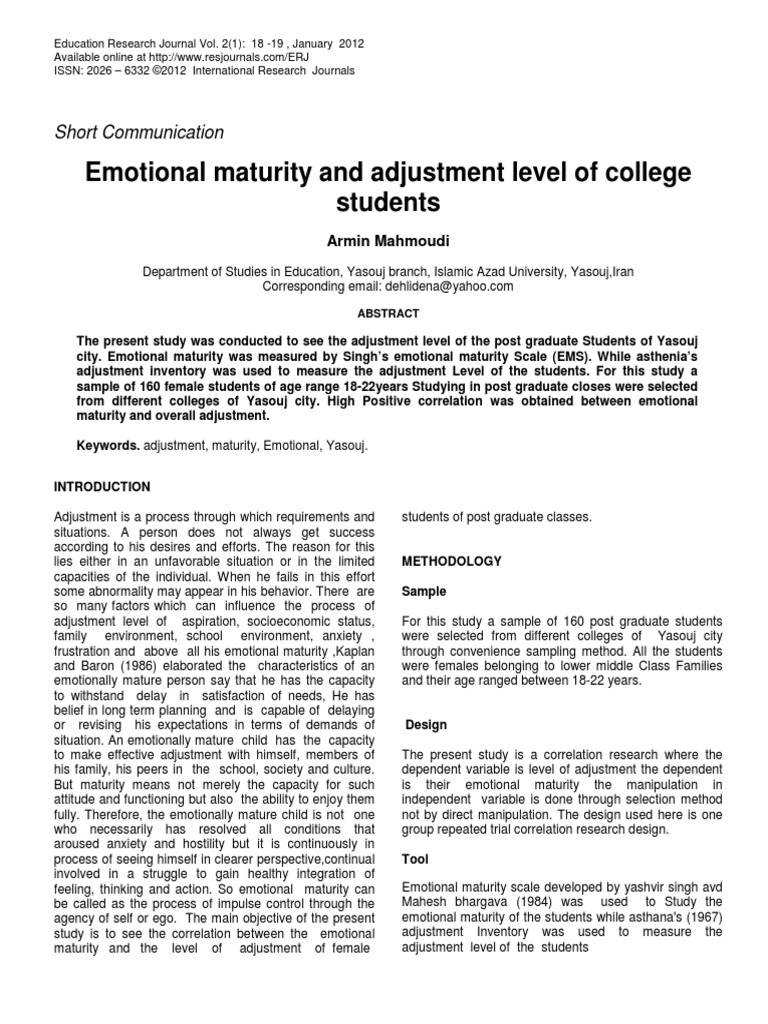 Emotional Maturity And Adjustment Level Pdf Pdf Correlation And Dependence Adolescence