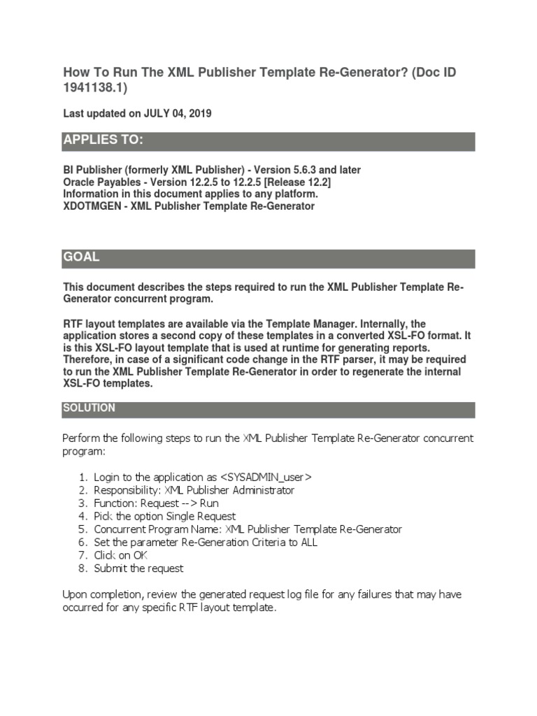 Run XML Publisher Template Re-Generator | PDF