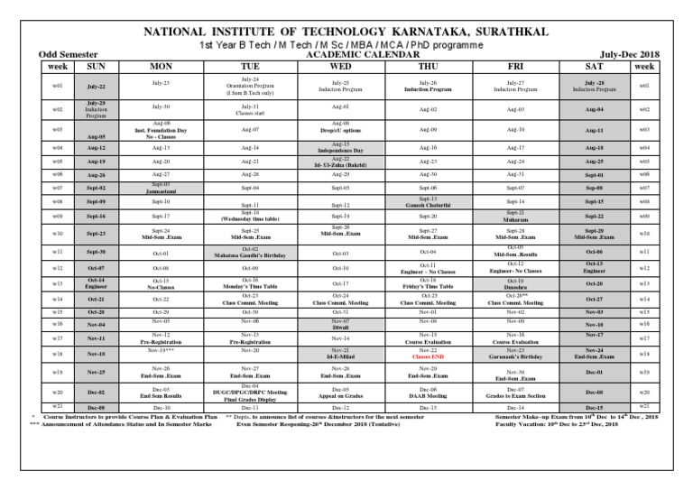 NITK Academic Calendar 2018 | PDF | Educational Assessment And ...