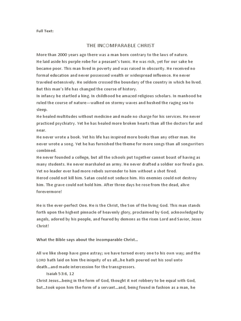 The Incomparable Christ Explained | PDF | Jesus | Religious Belief And ...