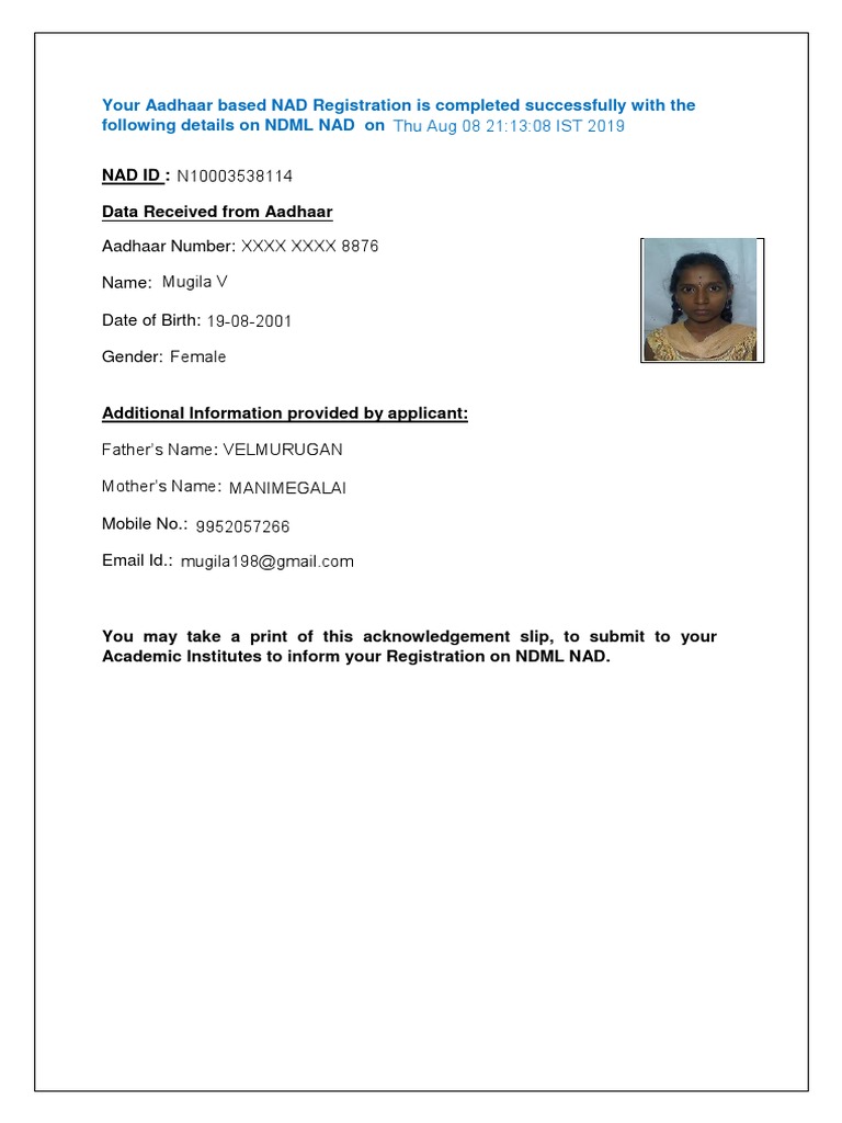 Your Aadhaar Based NAD Registration Is Completed Successfully With The ...