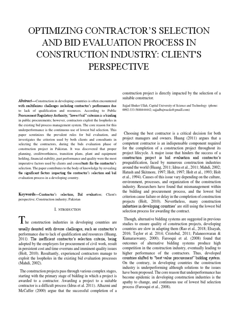 Optimizing Contractor'S Selection and Bid Evaluation Process in ...