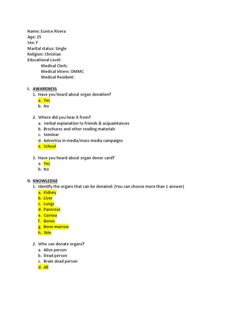 Organ Donation Awareness Questionnaire | PDF | Organ Donation | Organ ...