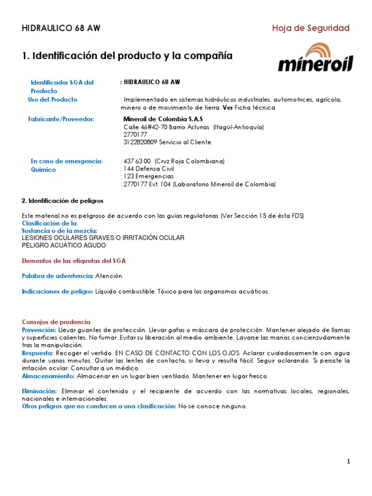 7° Hoja de Seguridad Hidraulico 68 AW Contaminación Residuos