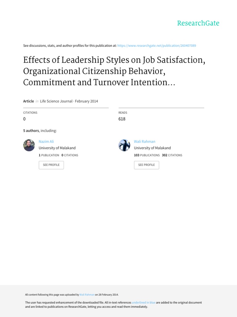 Leadership Styles and Job Satisfaction | PDF | Transformational ...