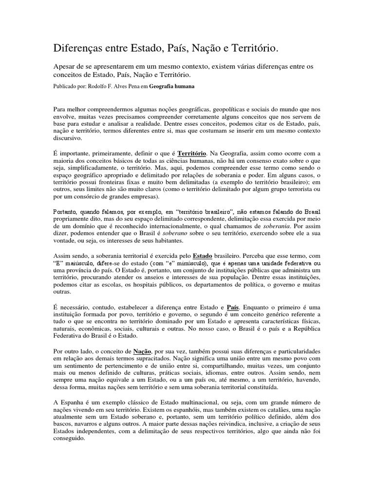 Diferenças Entre Estado, País, Nação e Território PDF Nação Estado