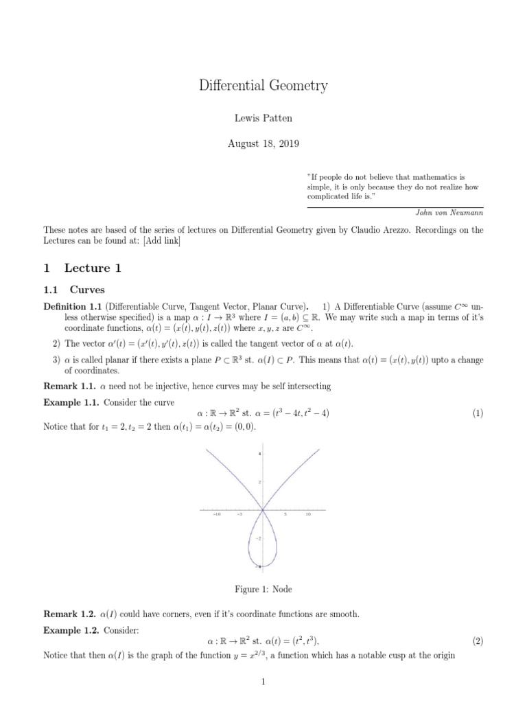 Differential Geometry Notes PDF Curve Differentiable Manifold