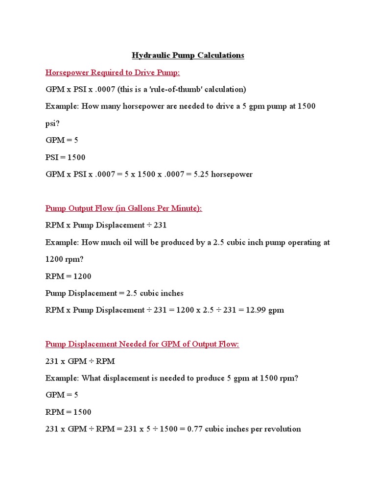 Hydraulic Pump Calculations PDF Horsepower Gallon