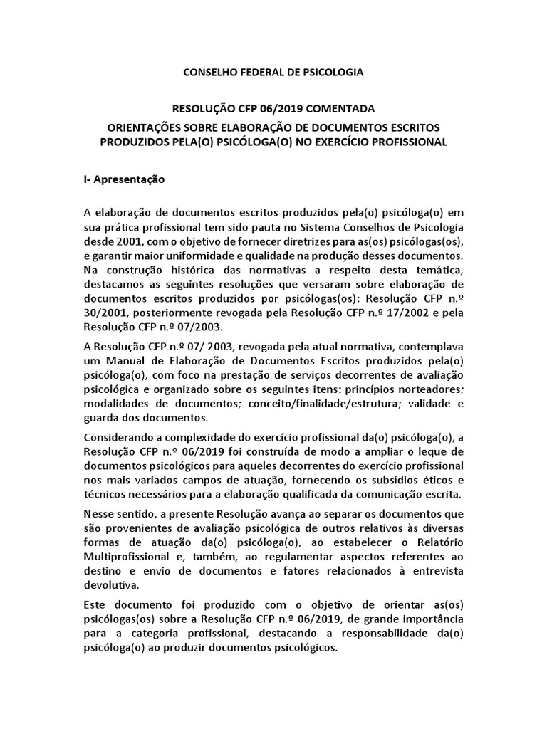 Resolução CFP N 06 2019 Comentada PDF PDF Psicologia Science