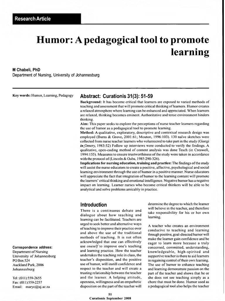 Humor A Pedagogical Tool To Promote Learning Pdf Humour Critical