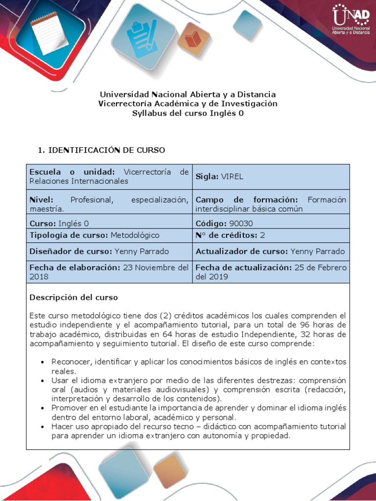 Como Se Dice Especializacion Academica En Ingles Sylabus Inglés 0 UNAD | PDF | Comprensión | Salón de clases