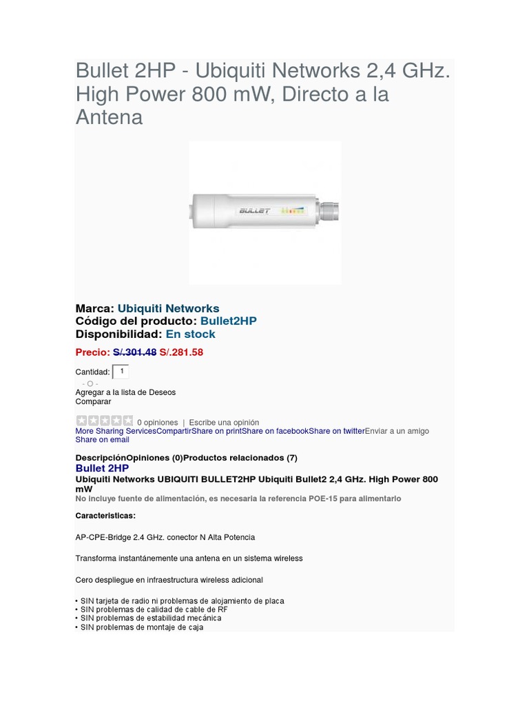 Ubiquiti Bullet 2HP: Potencia 800mW 2.4GHz | PDF | Redes inalámbricas ...
