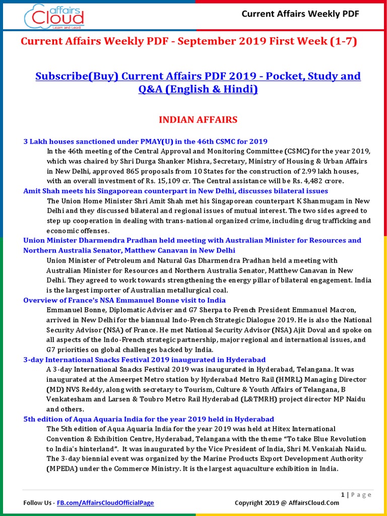 Current Affairs Weekly PDF - September 2019 First Week (1-7) by ...