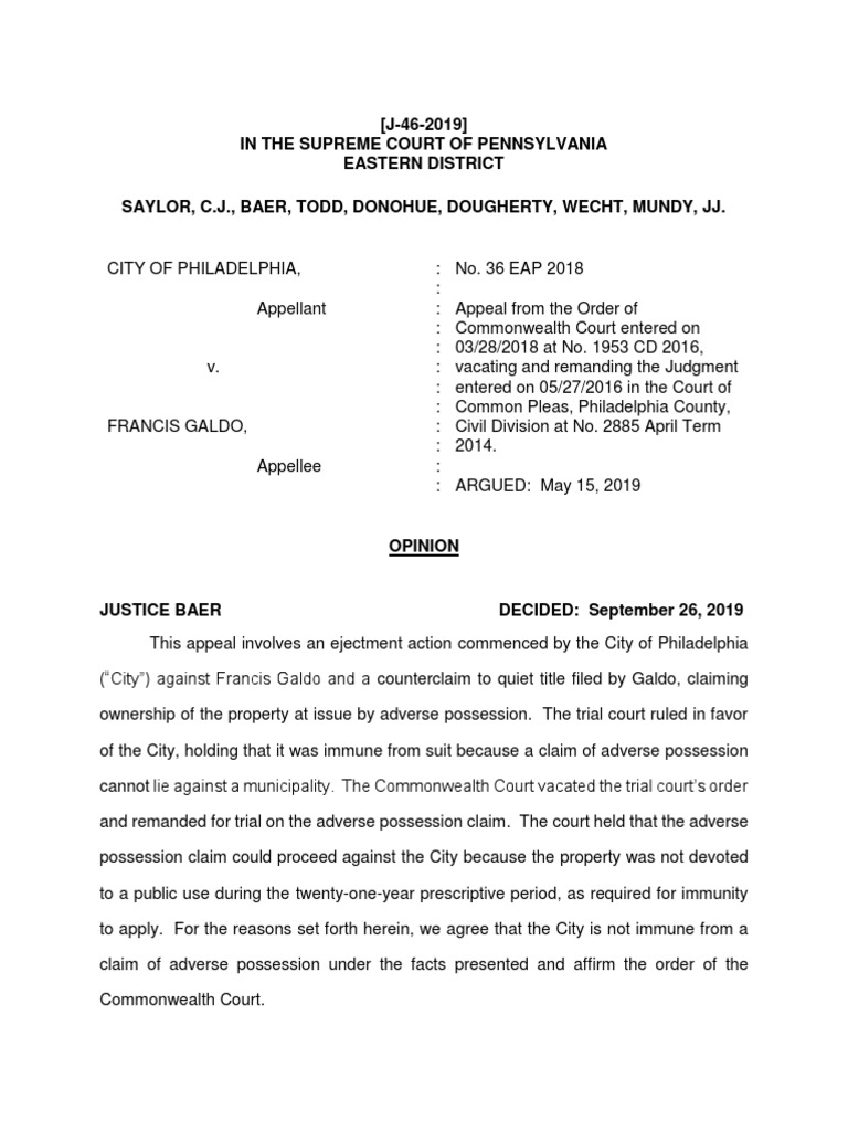 City Of Philadelphia V Galdo No J 46 19 Pa Sep 26 19 Adverse Possession Sovereign Immunity