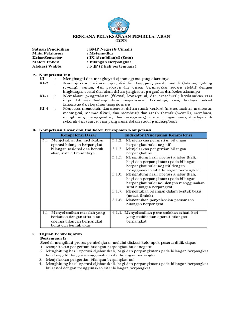 1 Rpp Ix 1 2 Bilangan Berpangkat Negatif Dan Nol Pdf