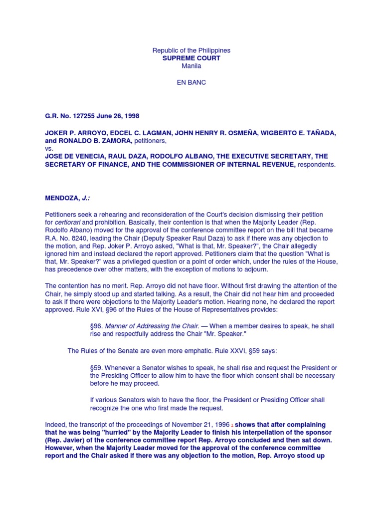 Arroyo v de venecia g r no 127255 august 14 1997 full text pdf