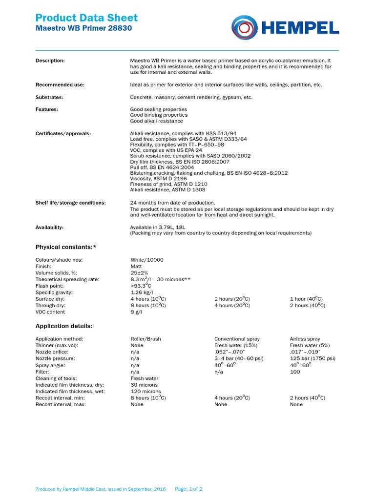Product Data Sheet Maestro WB Primer 28830 Paint Engineering Tolerance