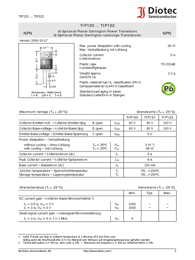 Tip120 ... Tip122 NPN NPN | PDF | Bipolar Junction Transistor | Electricity