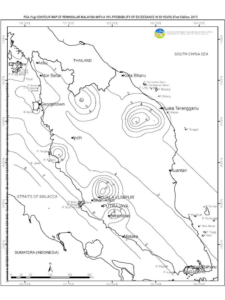 Pga (%G) Contour Map of Peninsular Malaysia With A 10% Probability of ...
