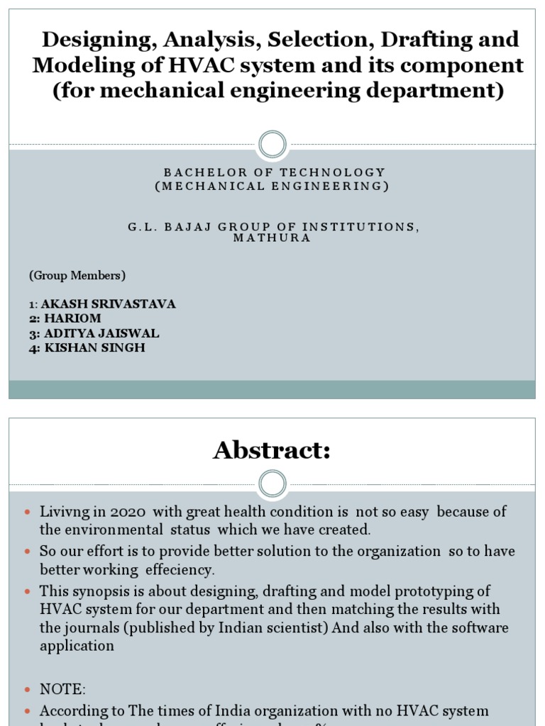 Designing, Analysis, Selection, Drafting and Modeling of HVAC System