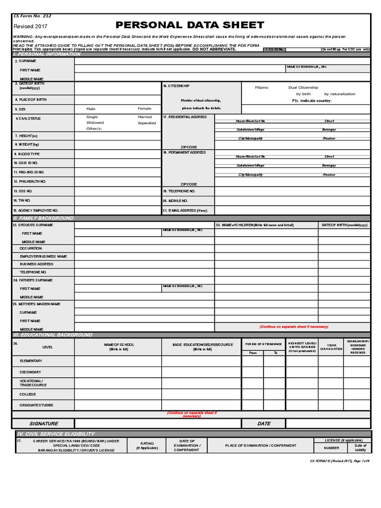 Personal Data Sheet Revised 2017 Download Free PDF Passport