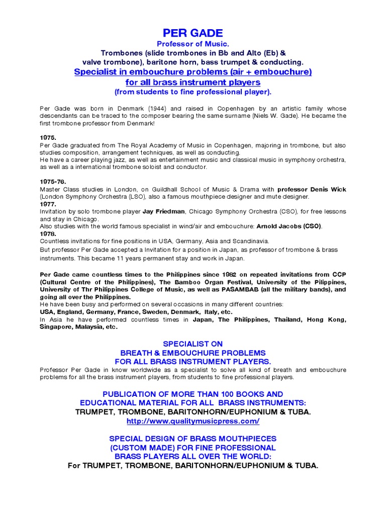 Per Gade Specialist in Embouchure Problems (Air + Embouchure) For All