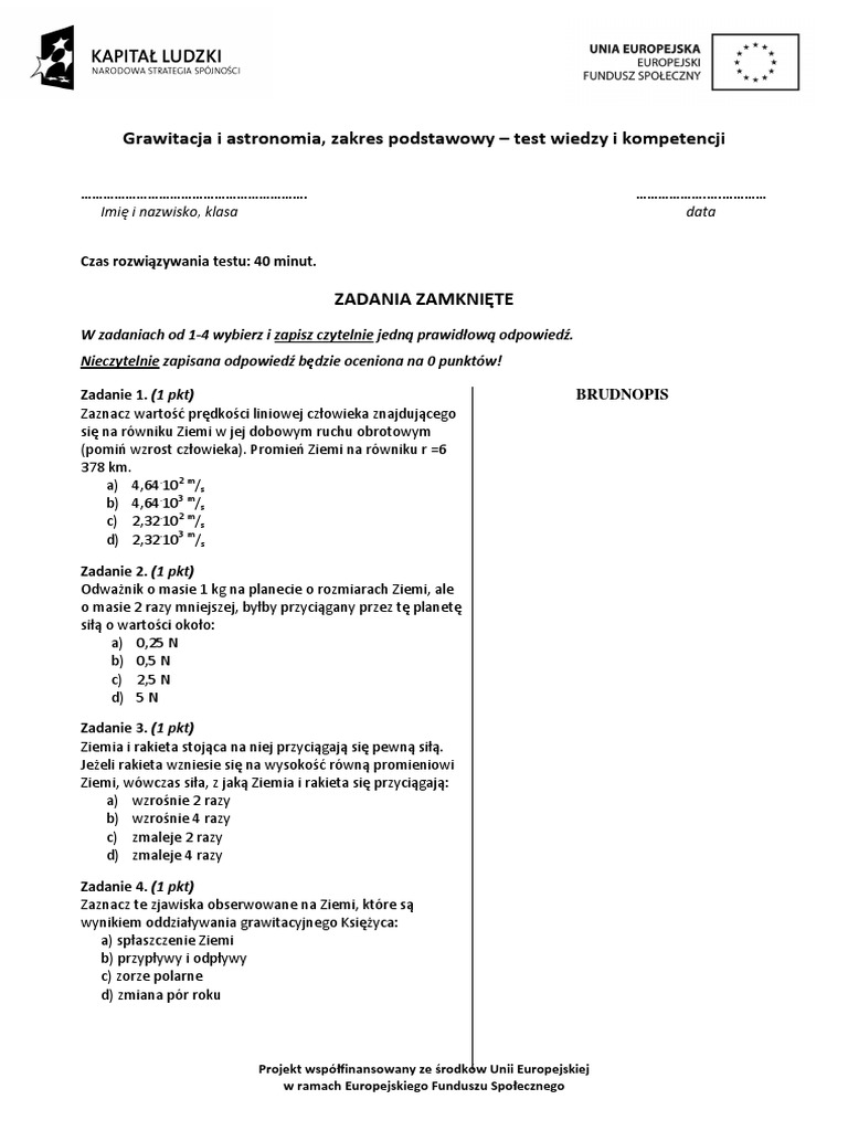 Sprawdzian Fizyka Astronomia I Grawitacja Grawitacja I Astronomia, Zakrs Podstawowy - Test Wiedzy PDF | PDF