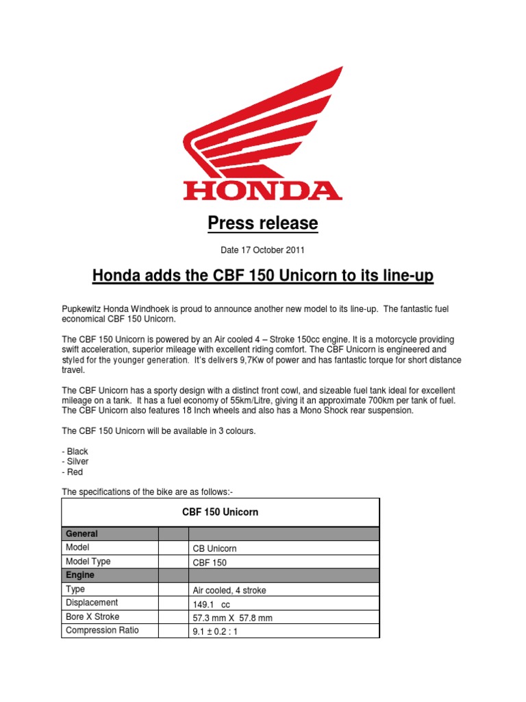 Press Release Honda Adds The Cbf 150 Unicorn To Its Line Up Fuel Economy In Automobiles Motorcycle