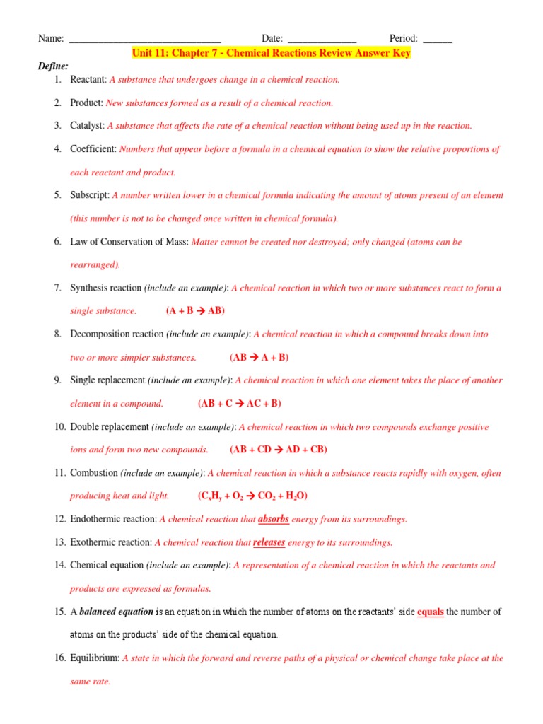 Chapter 7 Chemical Reactions Review Answer Key Chemical Reactions Chemical Substances
