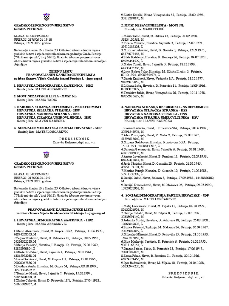 Kandidacijske Liste Izbori 2019 PDF