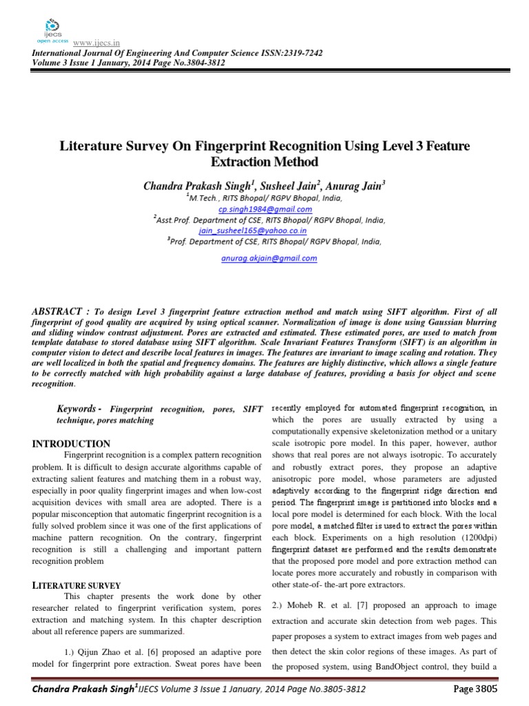 Literature Survey On Fingerprint Recognition Using Level 3 Feature