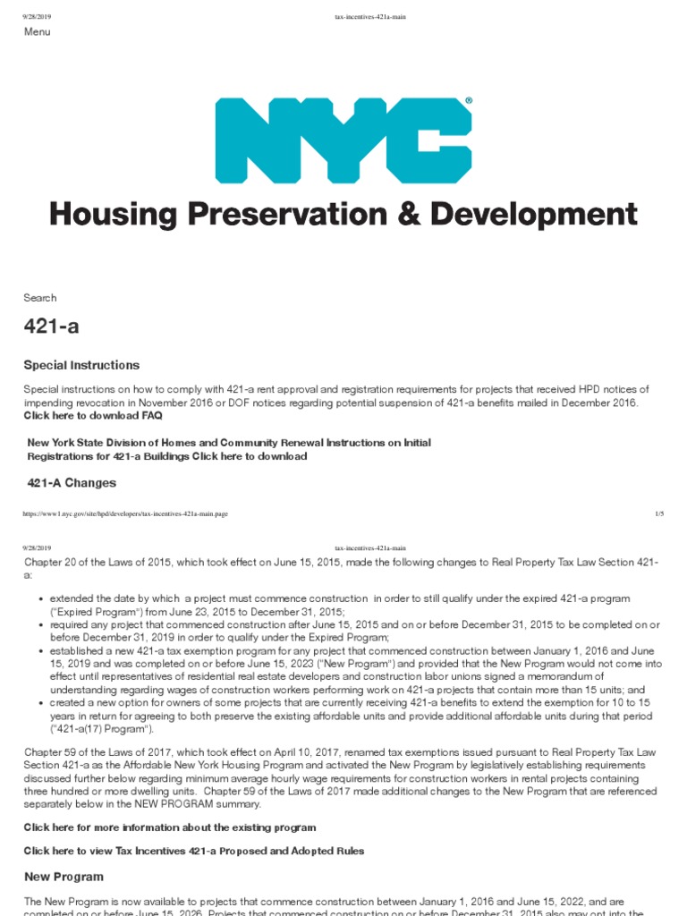 421-a Tax Incentive Program Overview | PDF | Affordable Housing | Tax ...