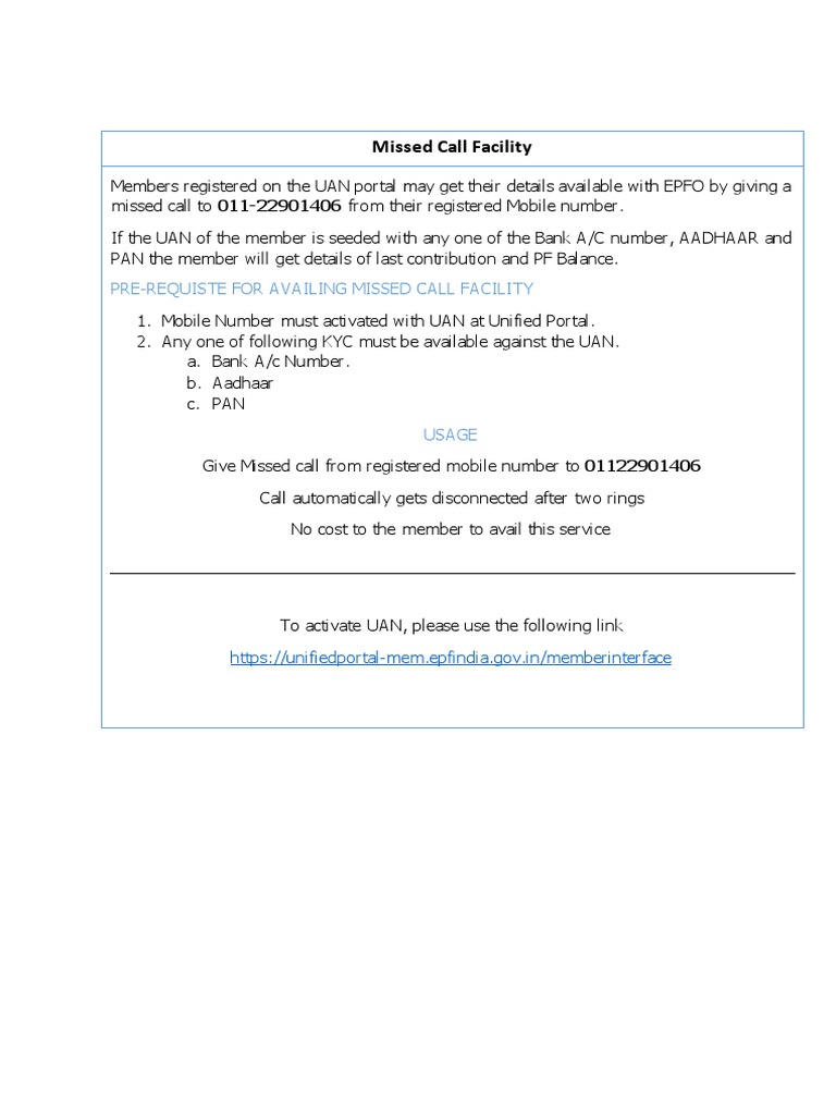 EPFO Missed Call Facility Guide | PDF