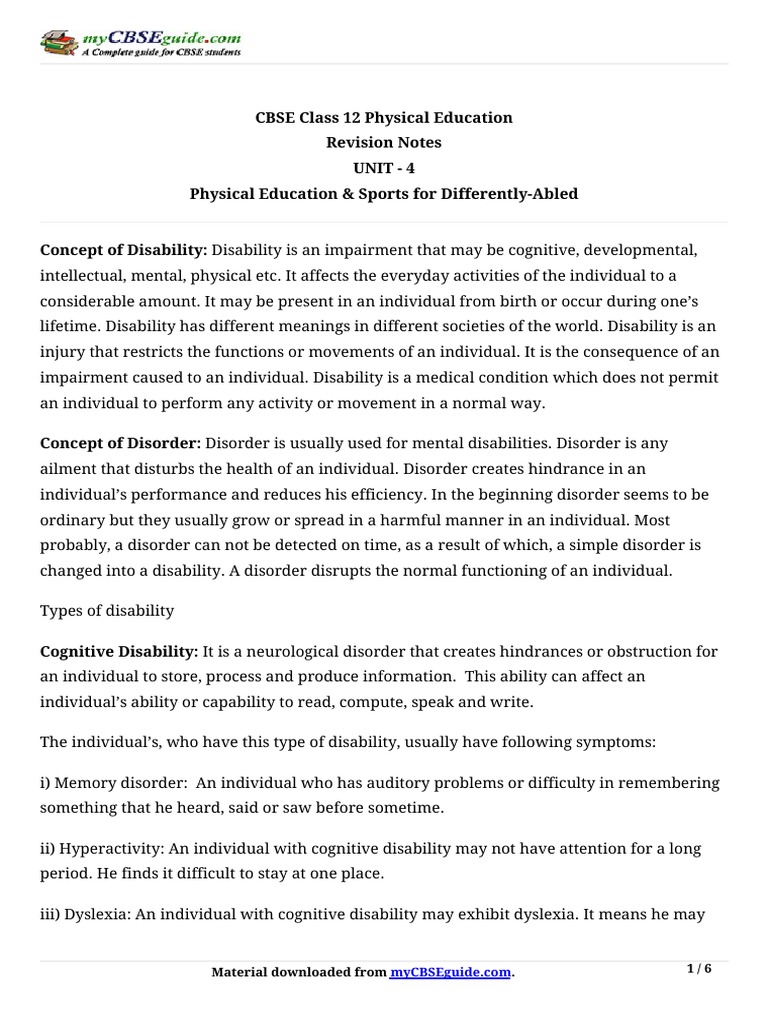 12 Physical Education CH 1 Sports For Differently Abled PDF | PDF ...