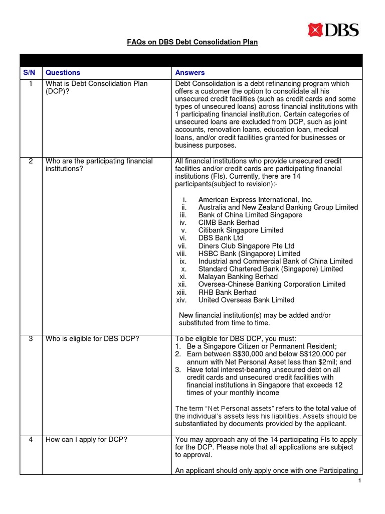S/N Questions Answers Faqs On Dbs Debt Consolidation Plan PDF