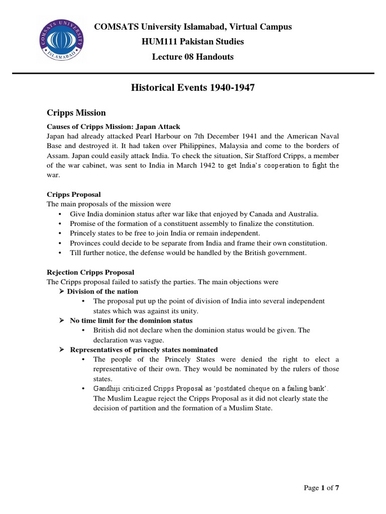 Historical Events 19401947 COMSATS University Islamabad, Virtual