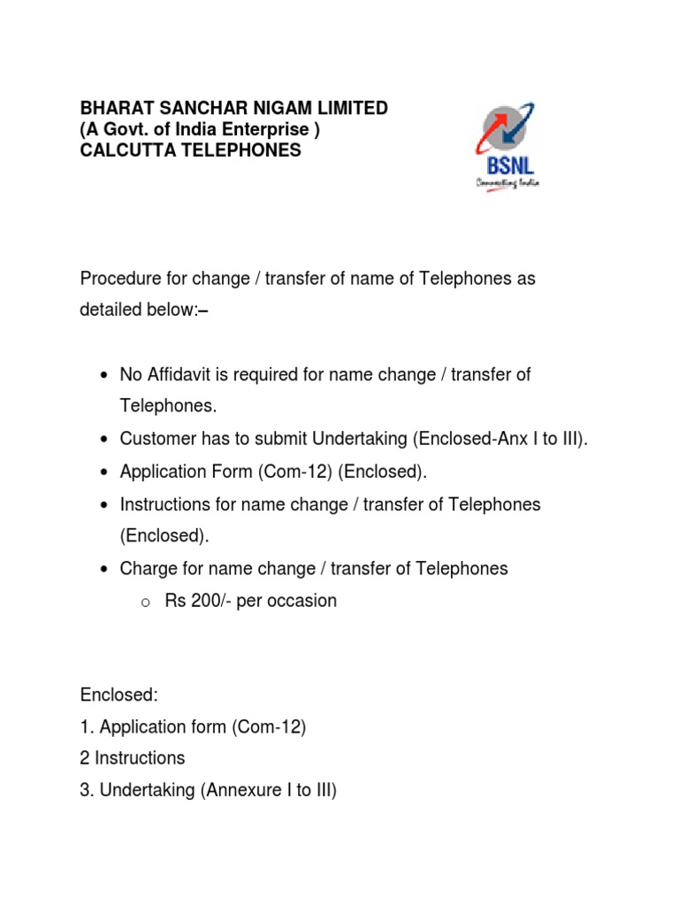 BSNL Telephone Name Transfer Procedure | PDF | Identity Document ...