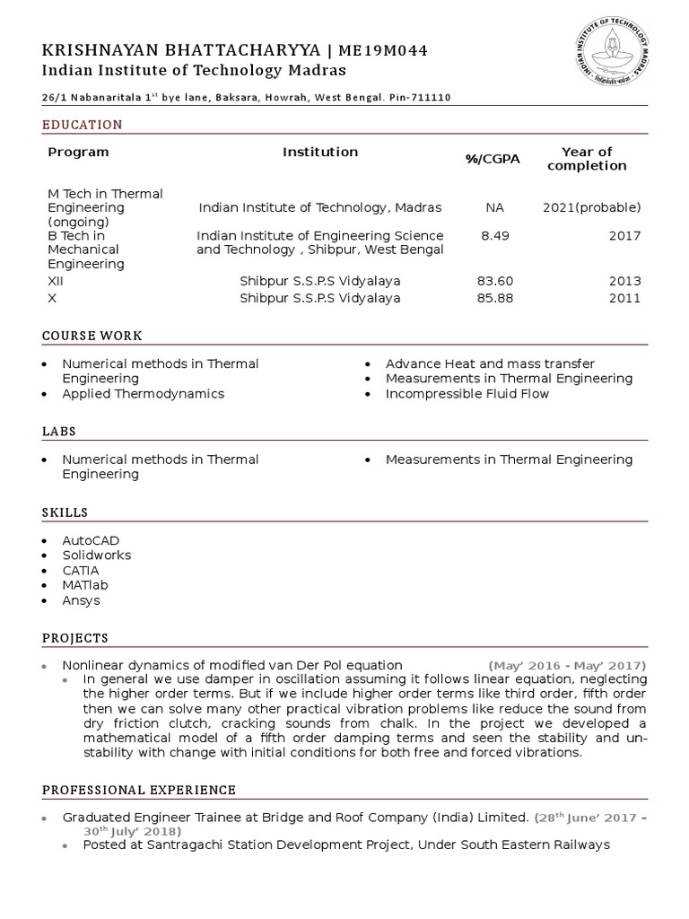 IIT Madras Mechanical Engineering Resume | PDF | Engineering | Petroleum