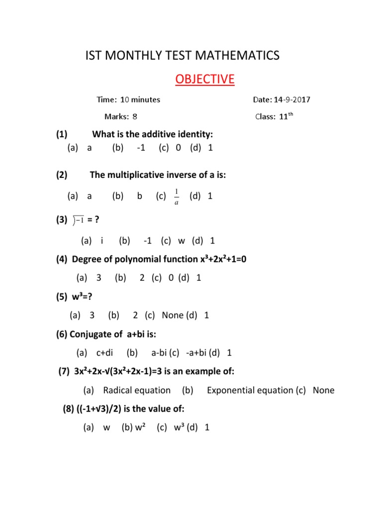 Ist Monthly Test Mathematics: Objective | PDF | Teaching Methods ...