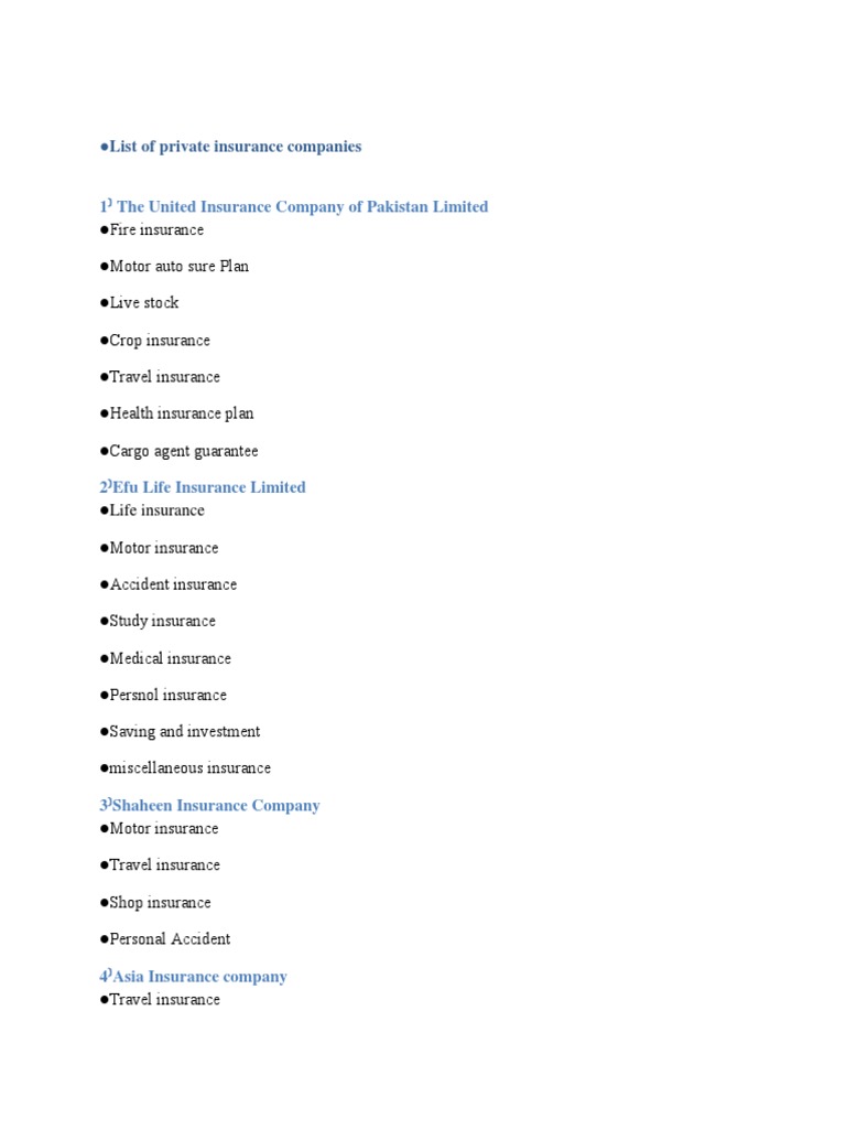 Comprehensive List of Insurance Companies | PDF