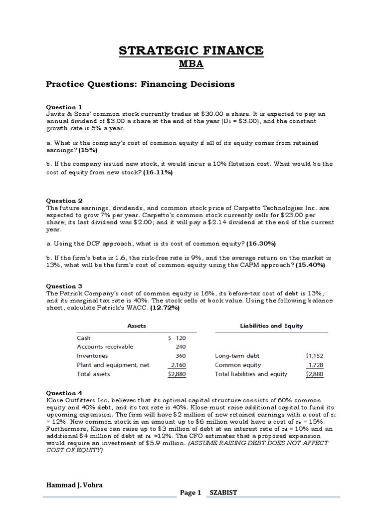 Financing Decisions Practice Questions | PDF | Capital Structure | Stocks
