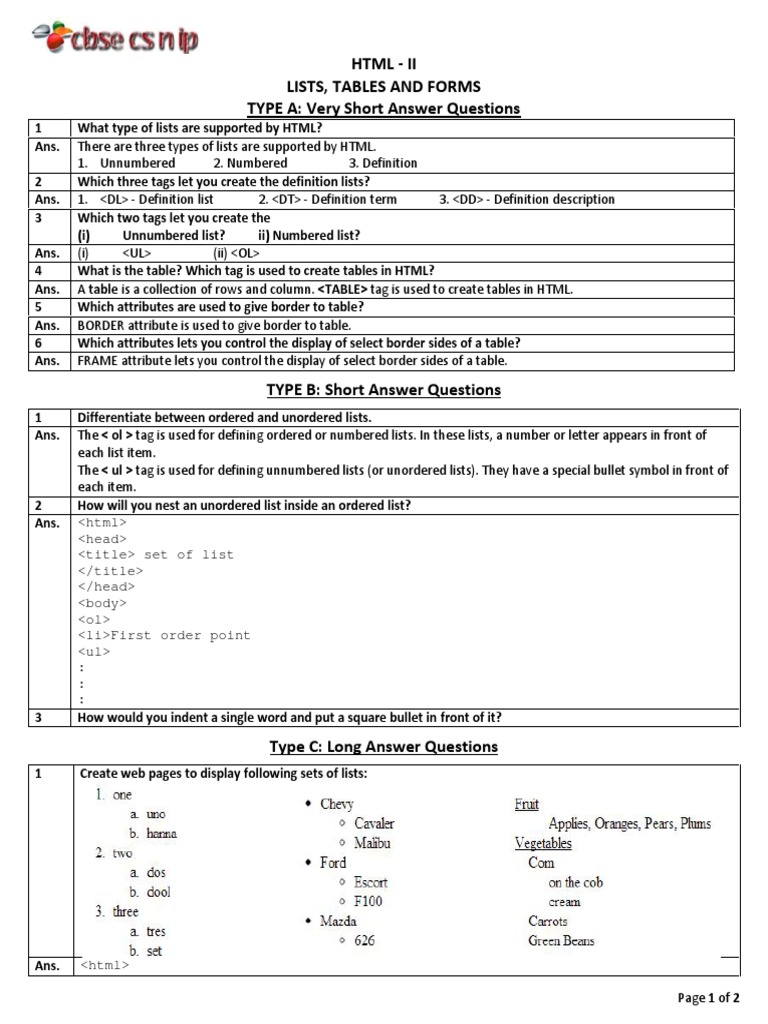 HTML - Ii Lists, Tables and Forms TYPE A: Very Short Answer Questions ...