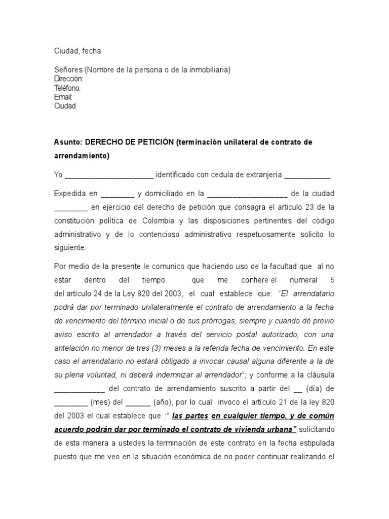 DERECHO DE PETICIÓN (terminación unilateral de contrato de