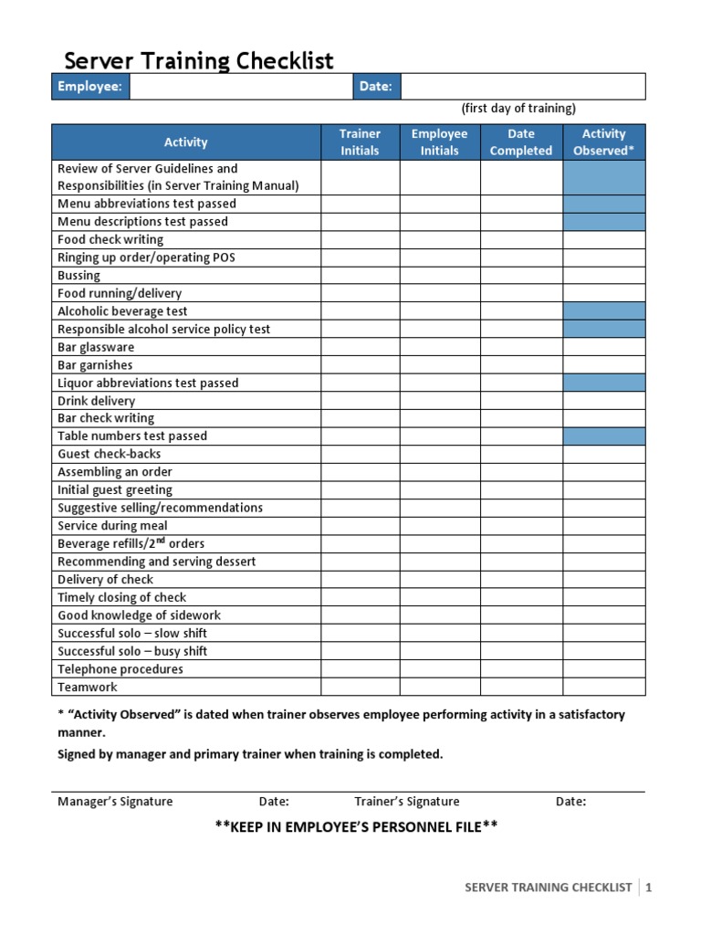 Server Training Checklist Template | PDF