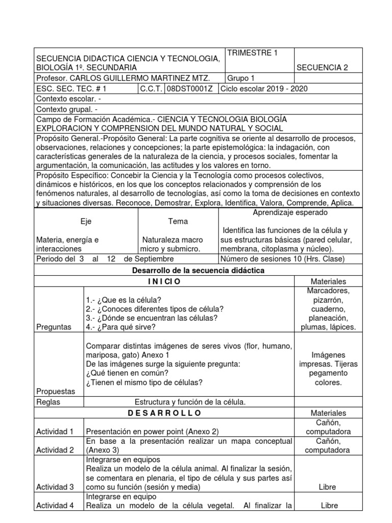 Desarrollo de la secuencia didáctica Inicio Biología