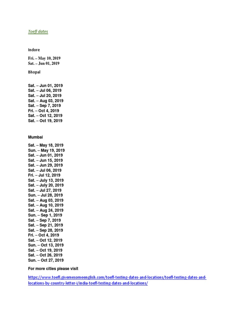 Toefl Dates PDF