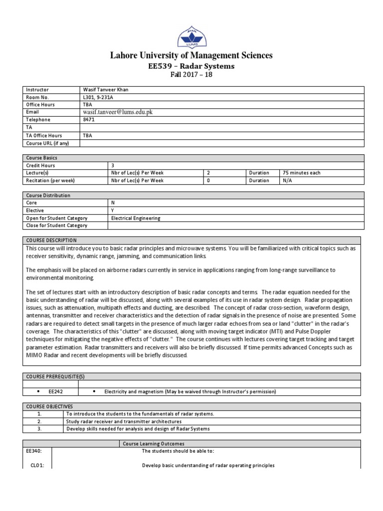 Radar Syllabus PDF Radar Broadcast Engineering