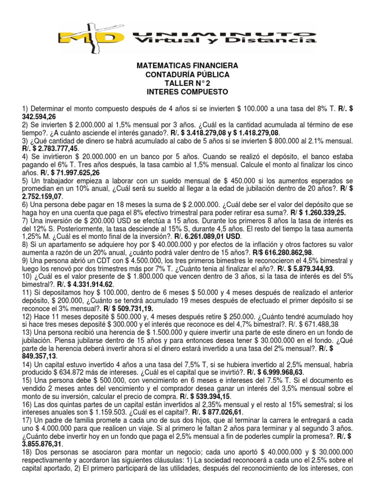 Matematicas Financiera Taller #2 | PDF | Interés | Dinero