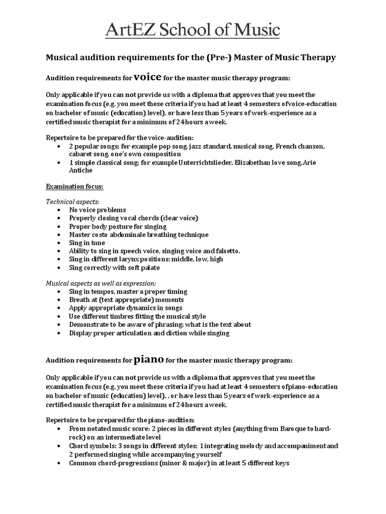 Master of Music Therapy Audition Criteria | PDF | Singing | Audition